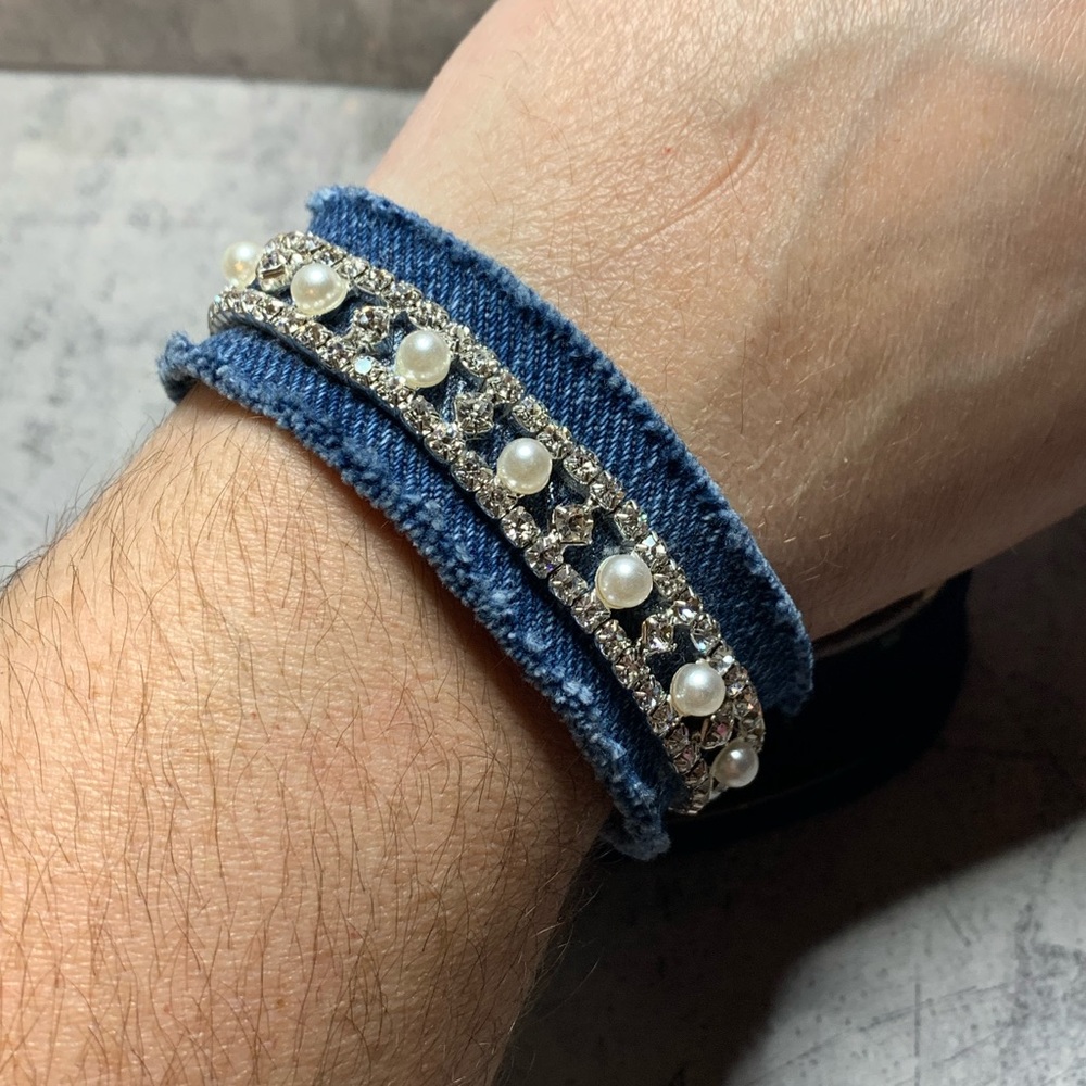 OOAK Jean Bracelet with Repurposed Jewelry, Rhinestones and Faux Pearls.